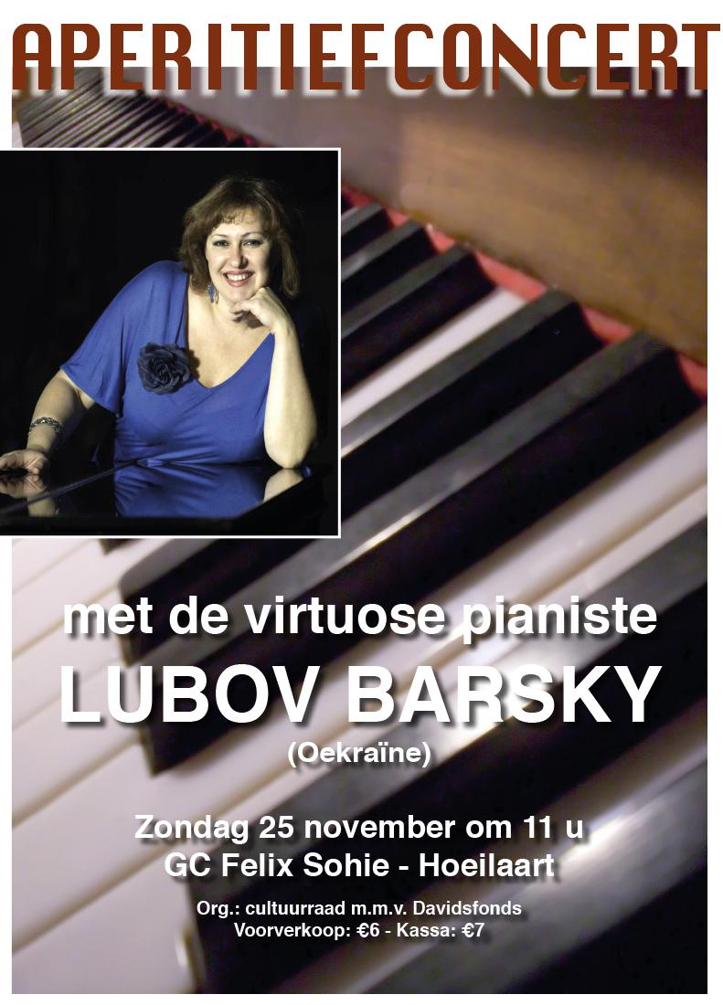 Affiche. Hoeilaart. Van Klassiek tot Jazz. Pianovirtuoze , Lubov Barsky, geeft aperitiefconcert. 2018-11-25